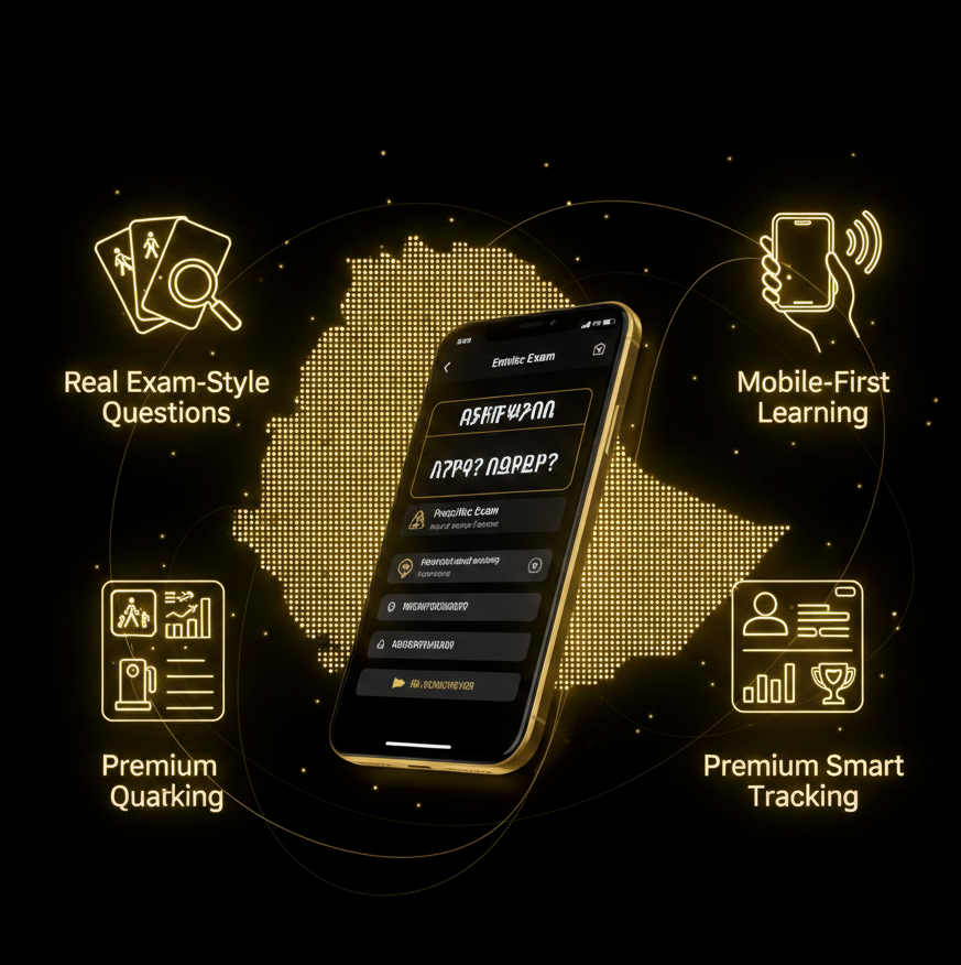 DrivePass ET app interface showing Ethiopian driving license exam practice questions and traffic signs